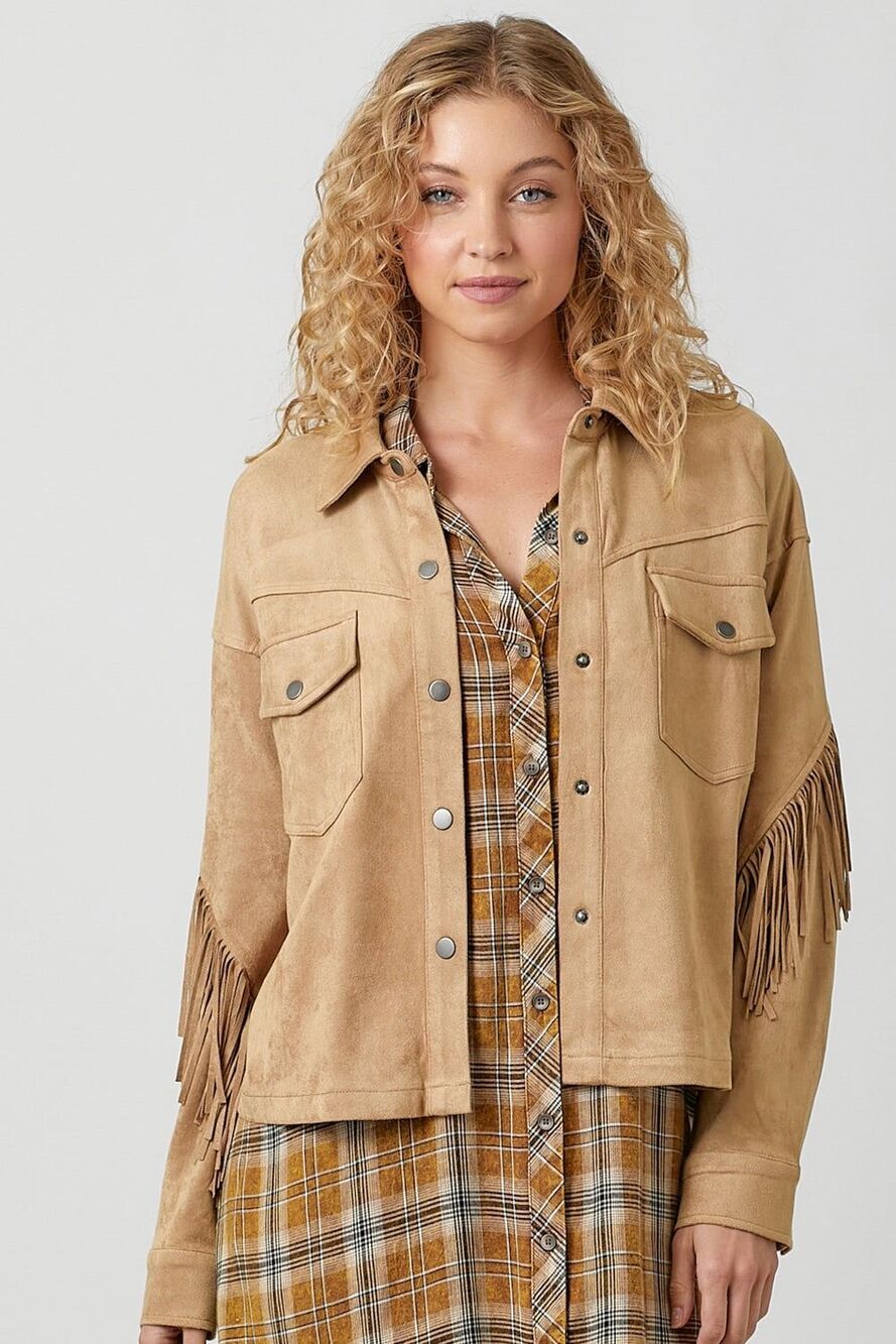 Le Lis Faux Suede Western Fringe Shacket Jacket Tan Size Small